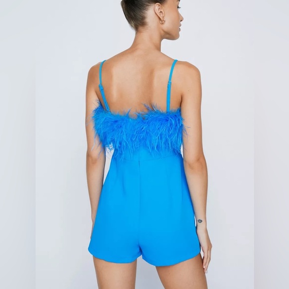 NEW Plus Nasty Gal Petite Strappy Feather Trim Romper Women's 6 Blue - Picture 2 of 4